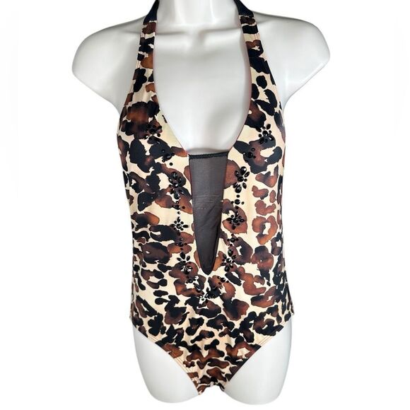 St. John Brown Cheetah Print Halter One Piece Swimsuit - Picture 1 of 10